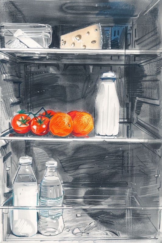 Black and White Fridge Sketch With Vibrant Color Items