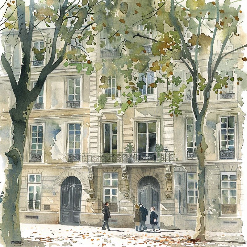 Parisian Street Scene Watercolor in Soft Muted Tones