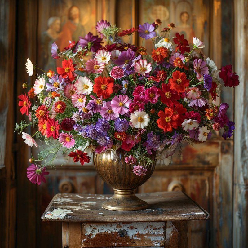 Vintage Vase of Vibrant Flowers in Medieval Cottage