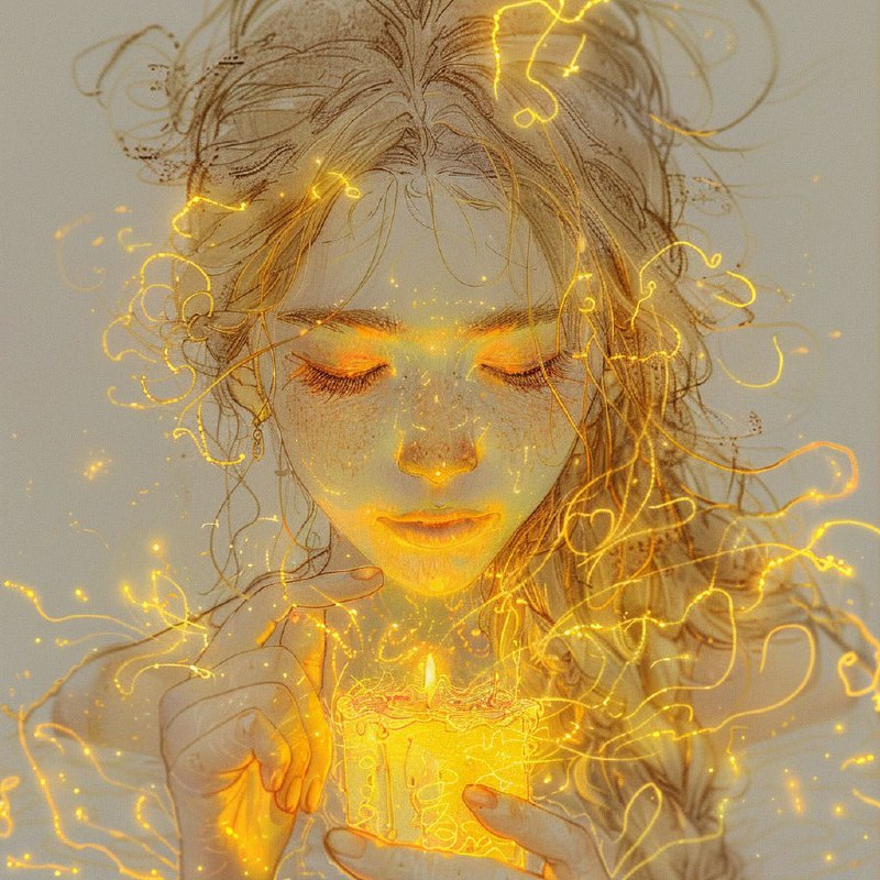Girl Holding Candlelight Golden Glow Outline Portrait