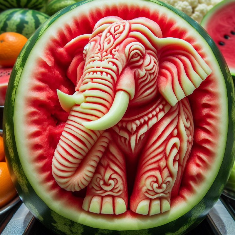 Watermelon Carved Indian Elephant Masterpiece Photo