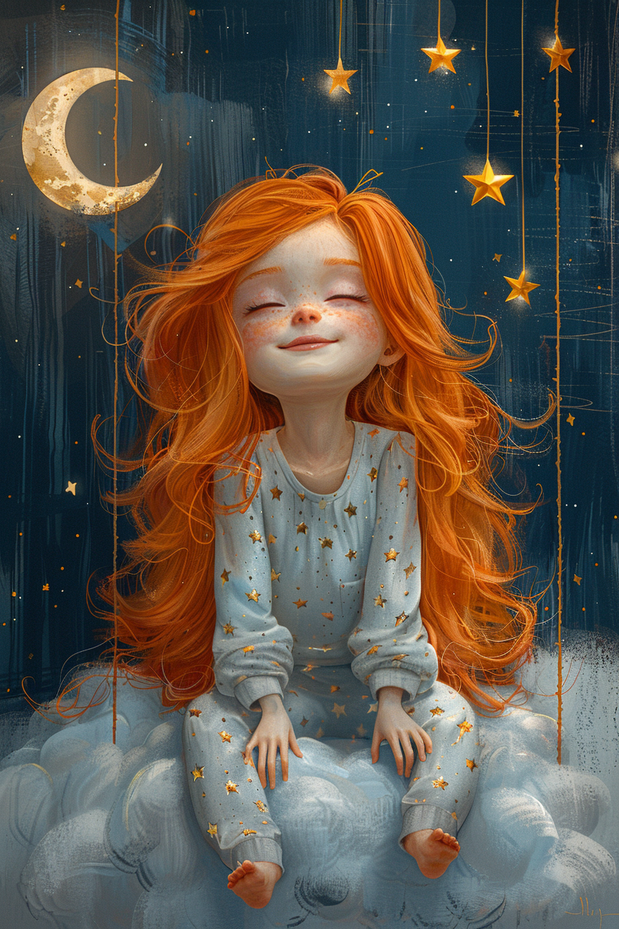 Chibi Red-Haired Girl on Fluffy Cloud With Star Basket