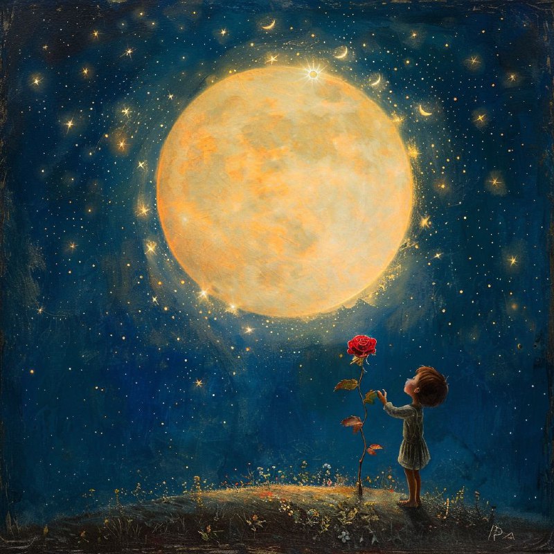 Little Prince Caressing the Moon in a Sea of Stars