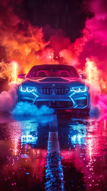 BMW Emerging From Neon Smoke Low Angle Close-Up