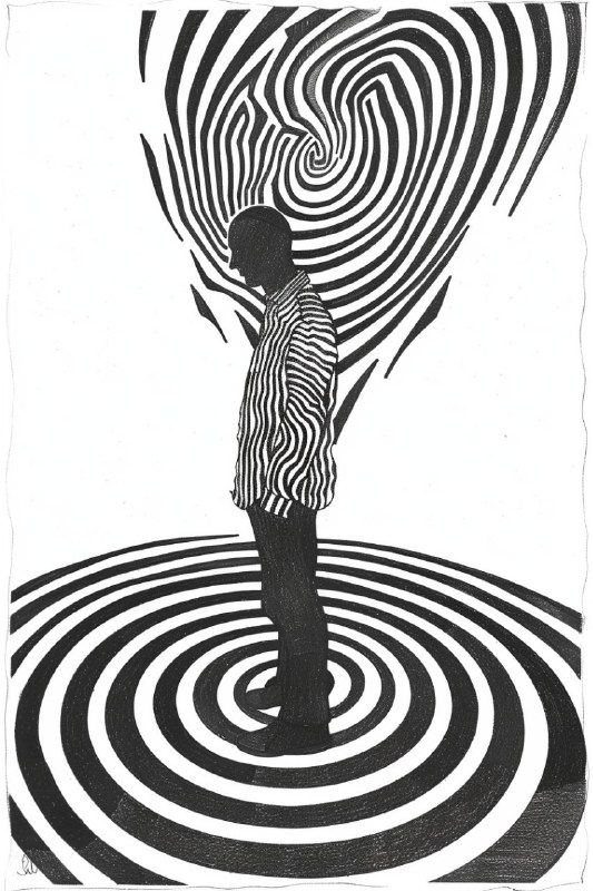 Optical Illusion Line Drawing of Man in Spiral Pattern