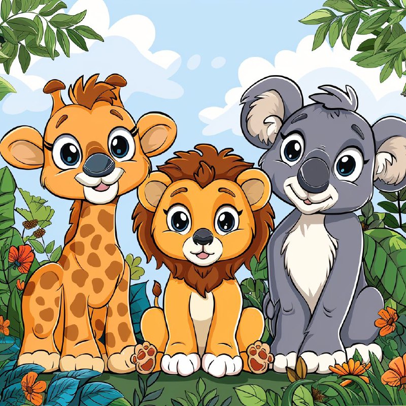 Cute Animal Coloring Page With Koala Giraffe Lion Bear