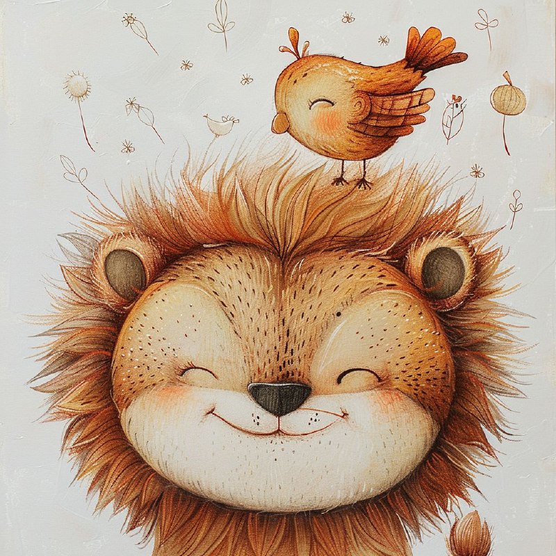 Joyful Little Lion With Bird Minimalist Illustration