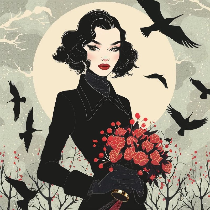 Fashion Illustration of Woman in Black Coat With Mimosas