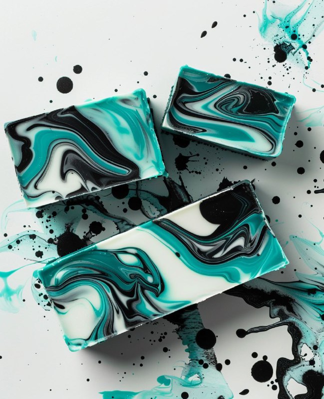 Teal and Black Ink Swirled Soap Bars Modern Art