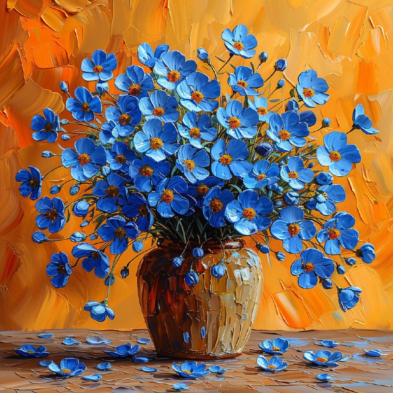 Forget-Me-Nots Van Gogh Style Oil on Orange Background
