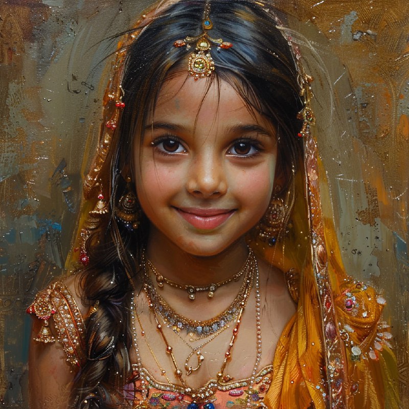 Young Indian Princess Smiling Oil Portrait in Attire