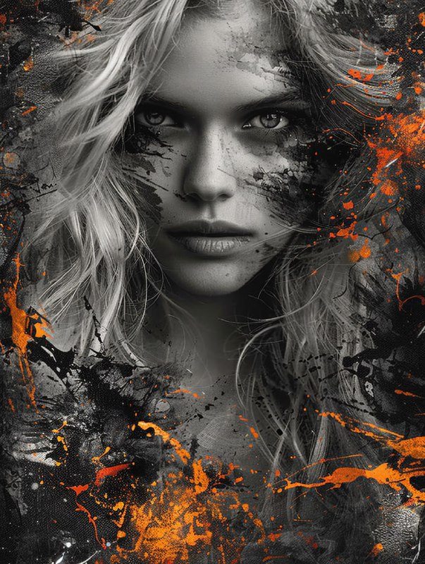 Blonde Woman With Black and Orange Paint Splashes