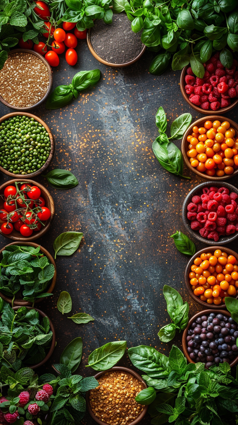 Top View of Healthy Superfoods on Wood Table Flat Lay