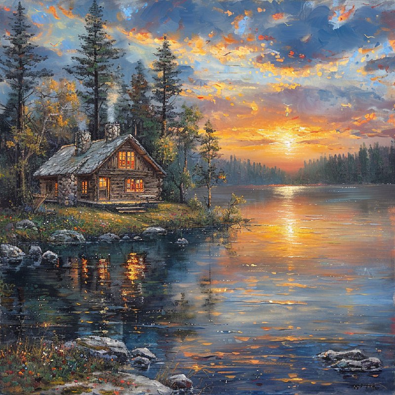 Cabin on Woodland Lake at Sunset Colorful Oil Painting