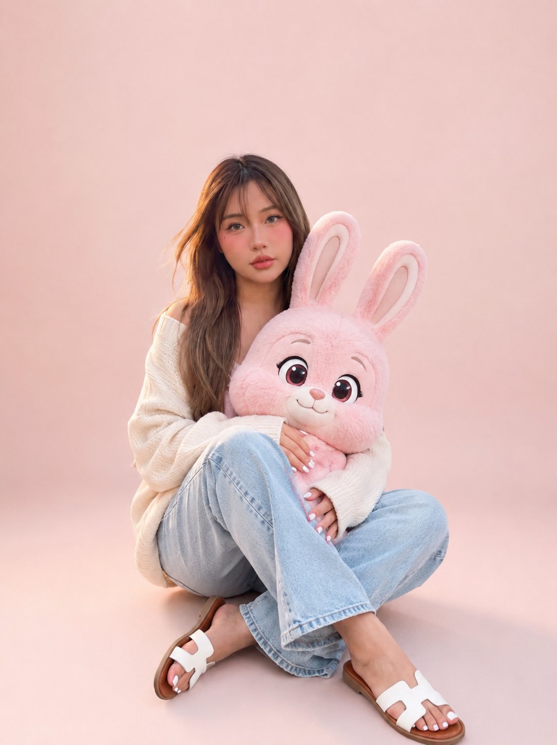 Cream Sweater Boy with Pink Bunny