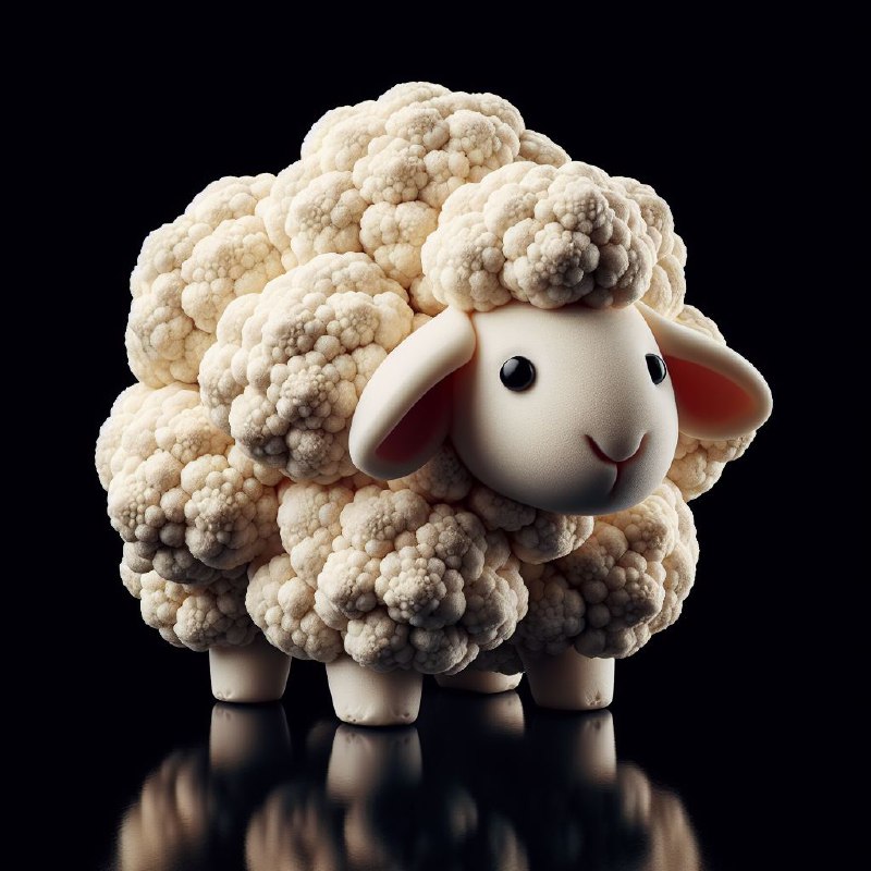 Cauliflower Shaped Like Sheep on Black Reflective Ground
