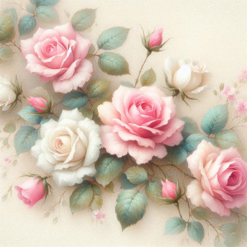 Dreamy Pink and White Roses on Cream Textured Paper