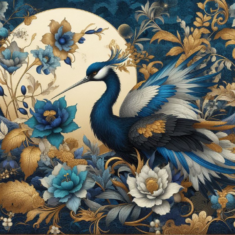 Blue and Golden Crane With Flowers Rococo Abstract Art
