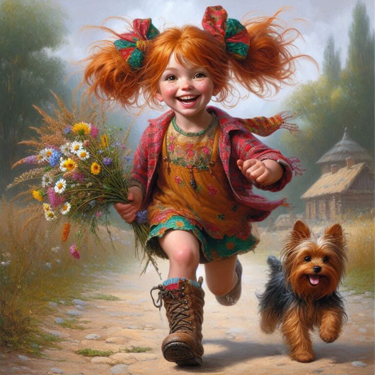 Playful Girl and Terrier Oil Painting