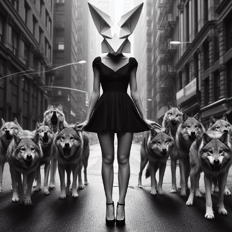 Woman in Origami Rabbit Mask With Wolves Noir Portrait
