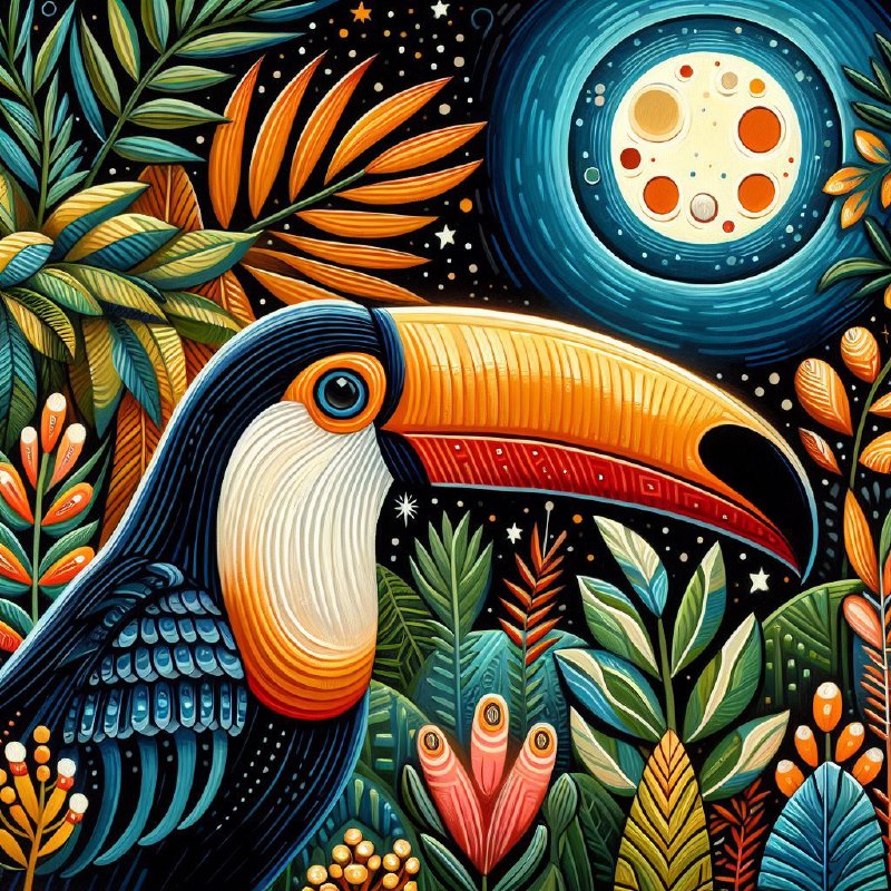 Naive Art Toucan in Jungle With Colorful Moon