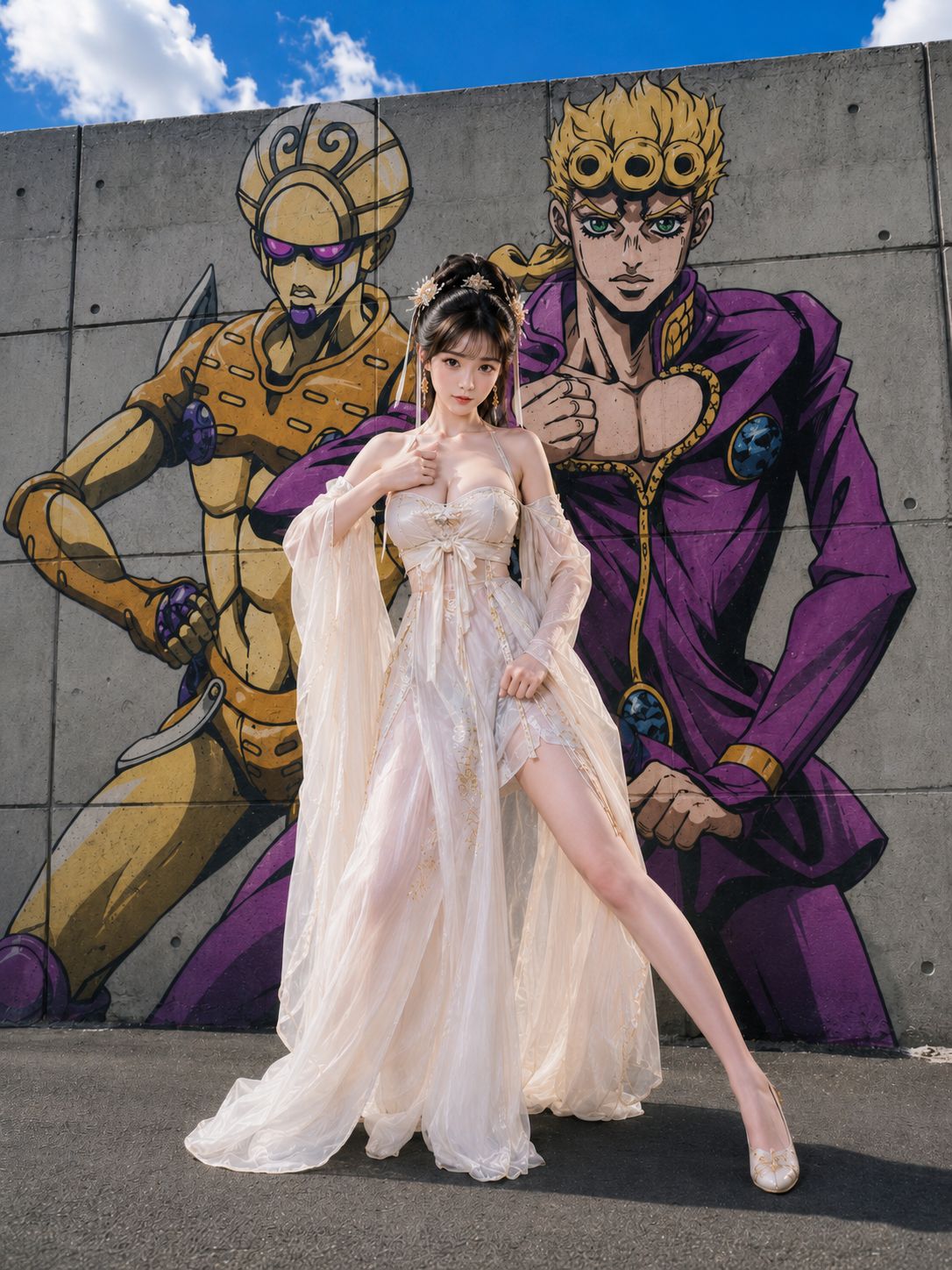 Real Girl Mimics Anime Mural Pose
