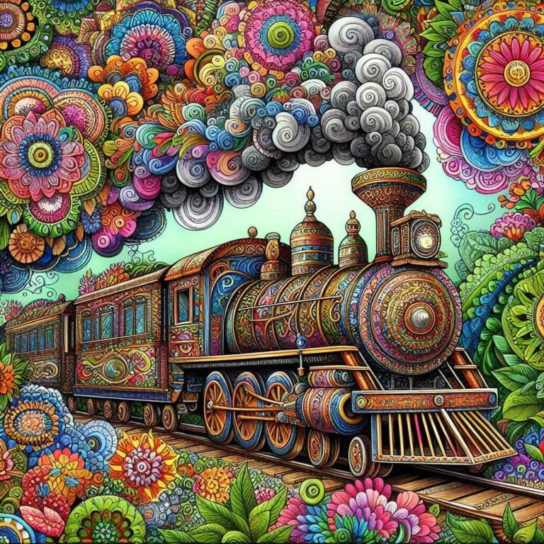 Whimsical Zentangle Steam Train Scene