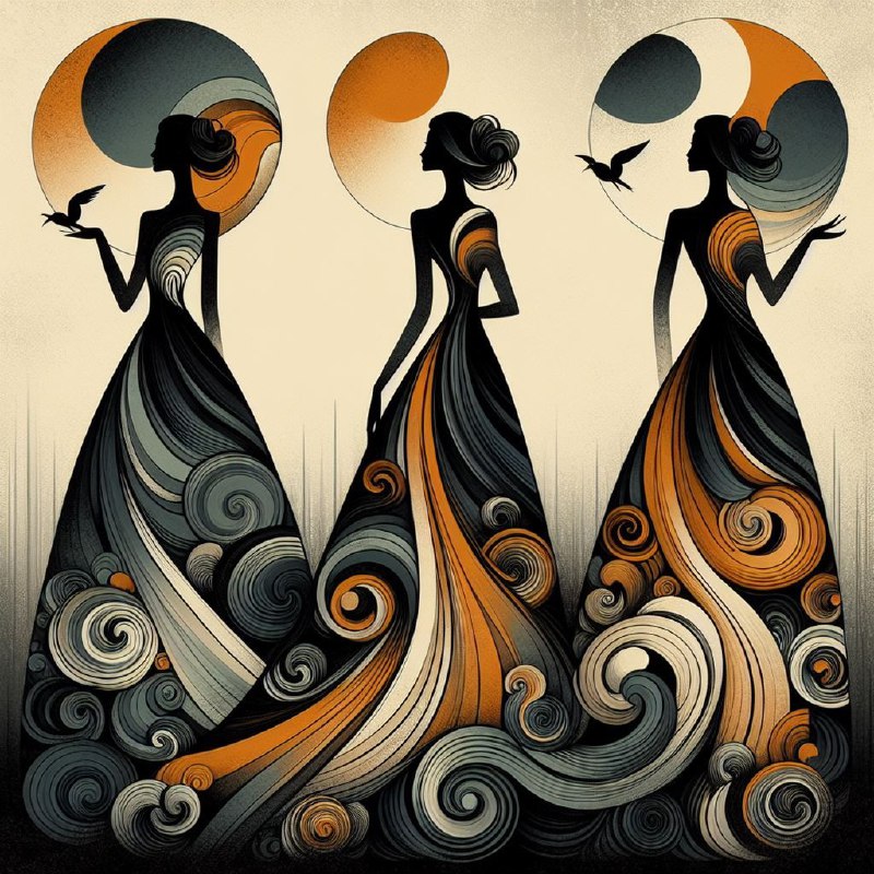 Three Ladies in Swirled Dresses Art Nouveau Surrealism