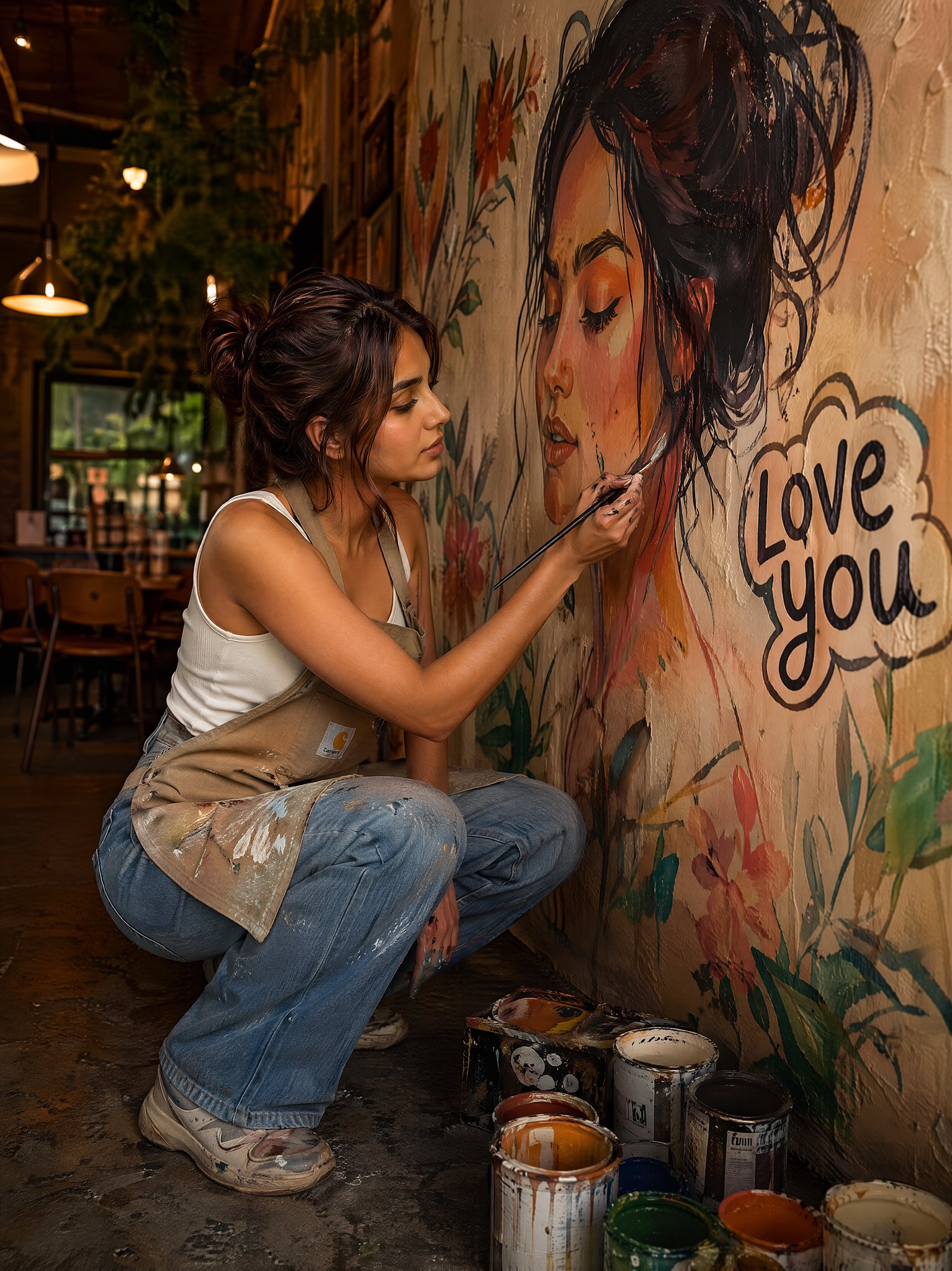 Artist Painting Mural in Cozy Café
