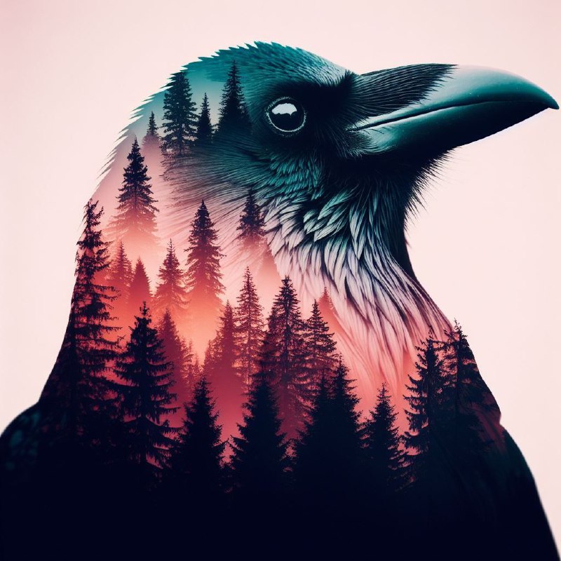 Crow and Evergreen Trees Double Exposure Gradient Art