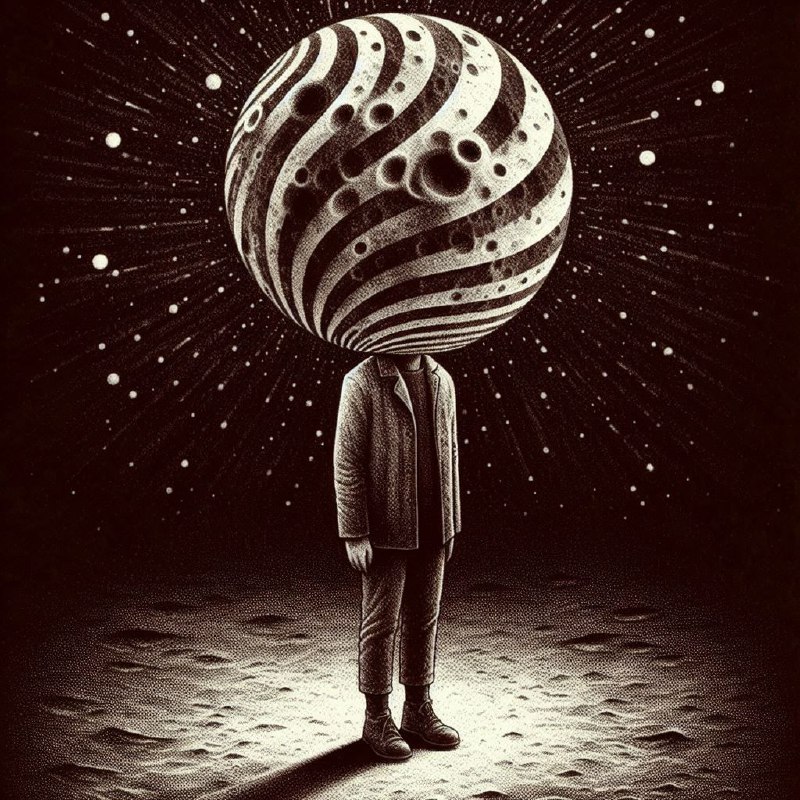 Moon-Headed Figure in Dark Whimsical Optical Illusion
