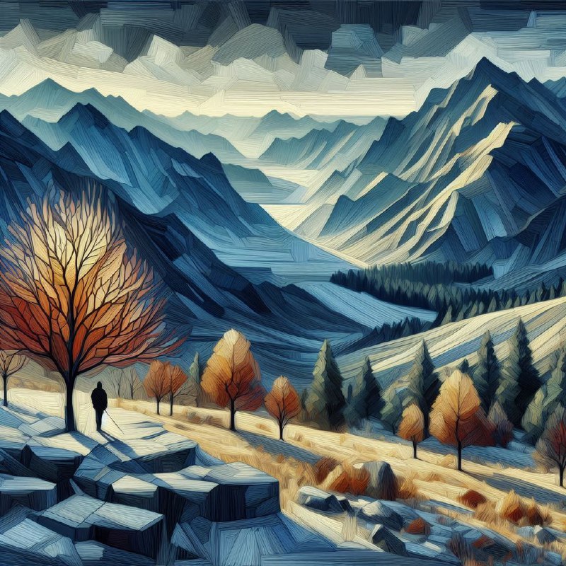 Winter and Autumn Mountain Landscape With Lone Figure