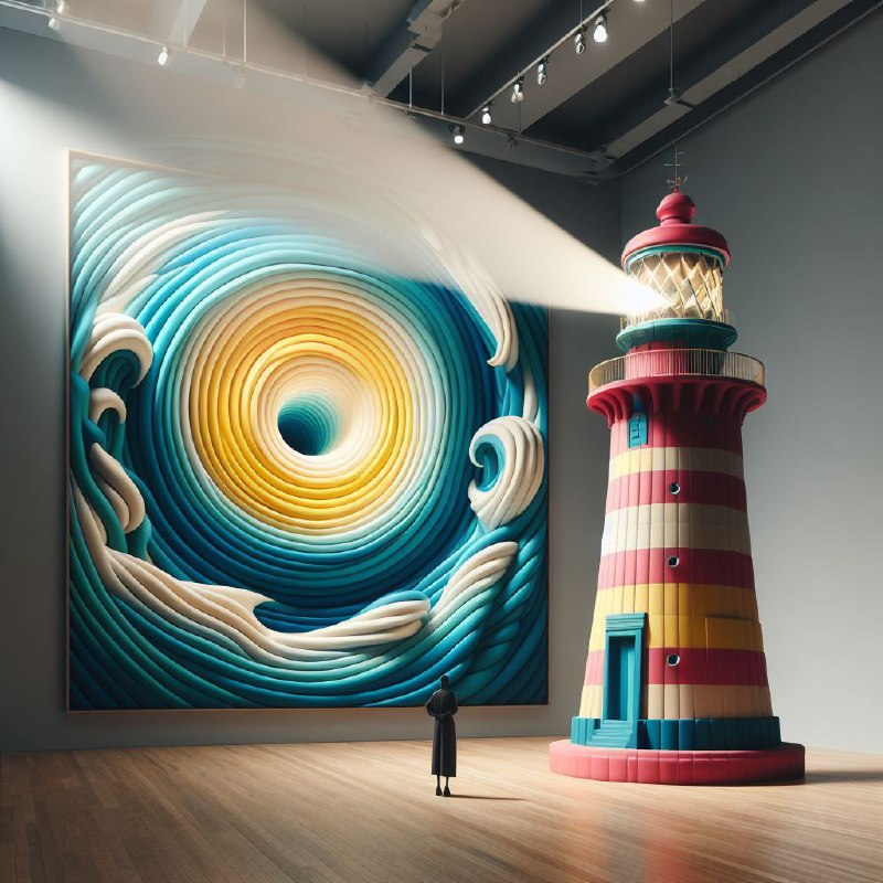 Surreal Lighthouse Sculpture in Escher Dopamine Colors
