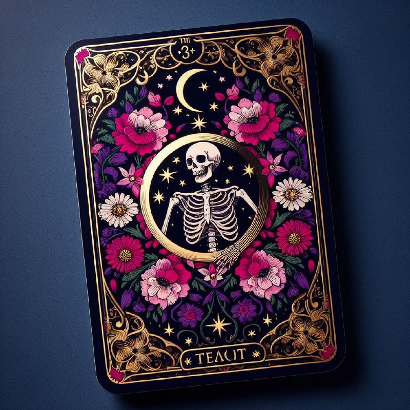 Floral Tarot Card With Carefree Skeleton Moon and Stars