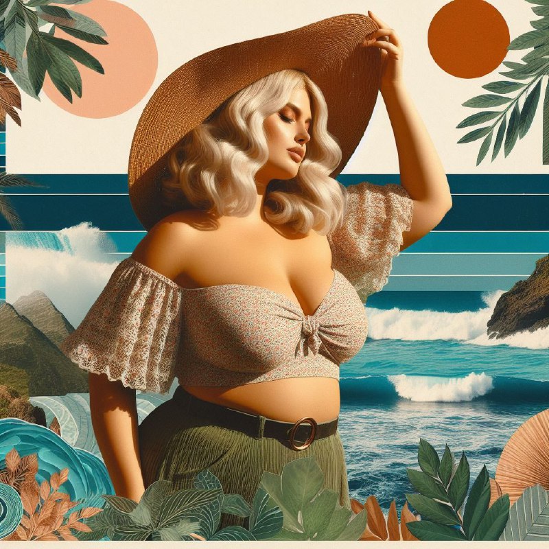 Retro Boho Collage of Plus-Size Blond Woman by the Sea