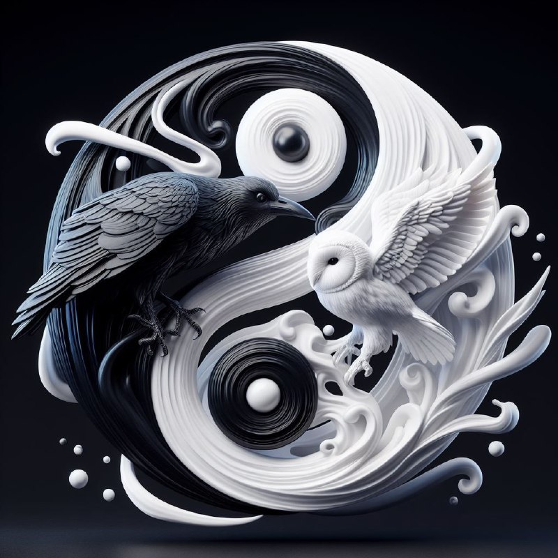 Crow and Owl Entwined in Yin-Yang Infinity Spiral 3D Art
