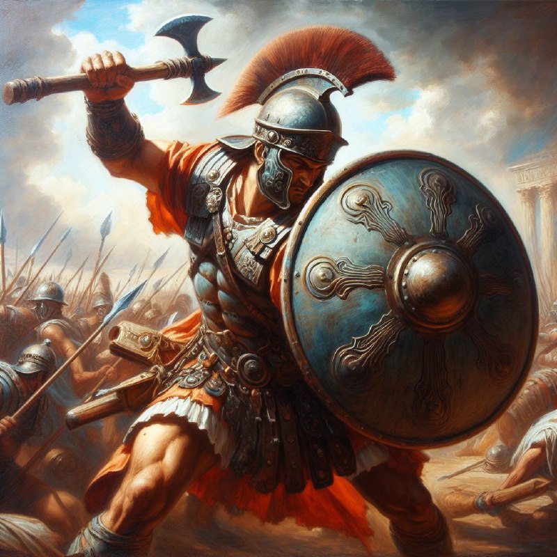 Roman Soldier Deflecting Axe in Battle Oil Painting