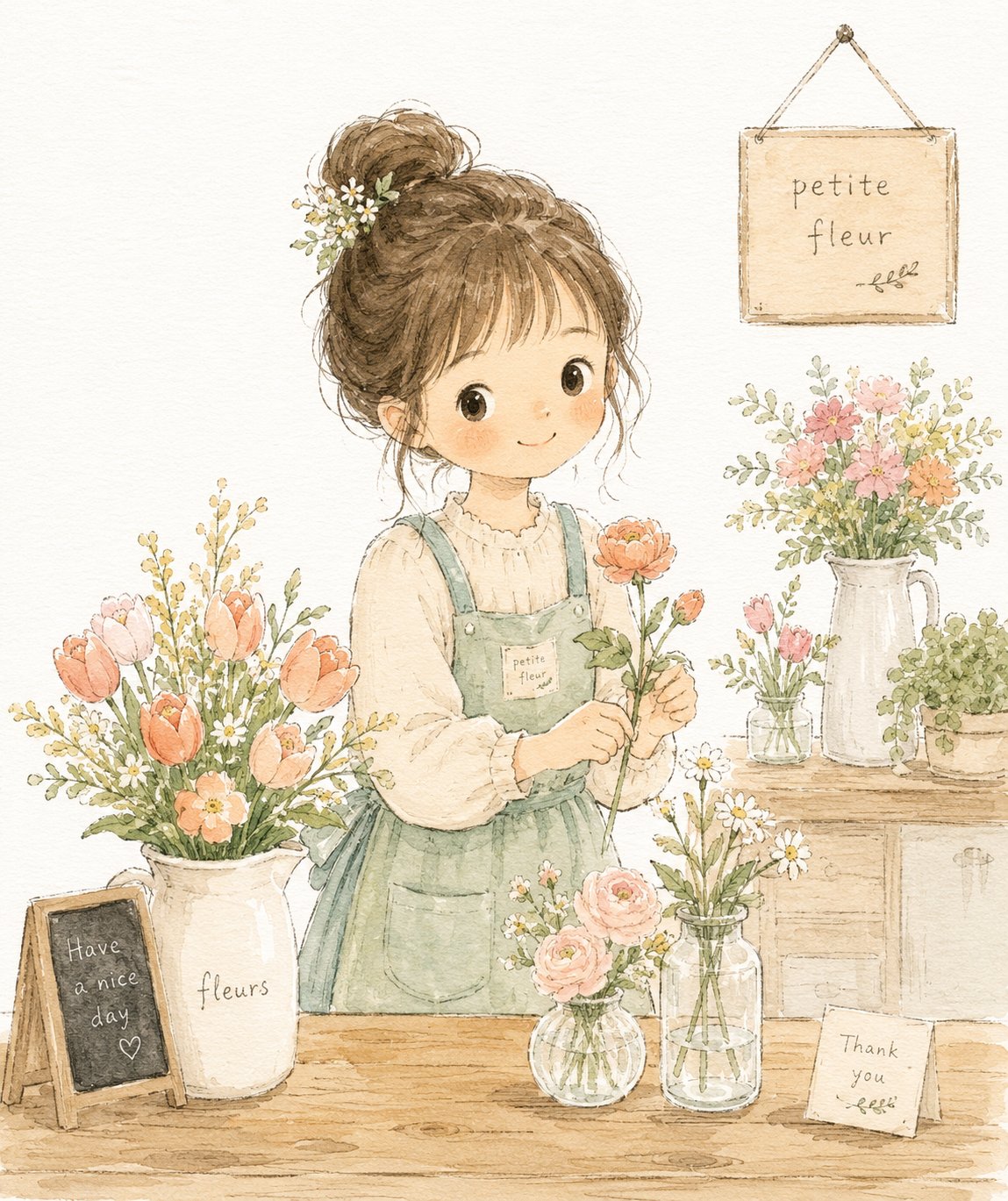 Cute Girl Flower Shop Illustration