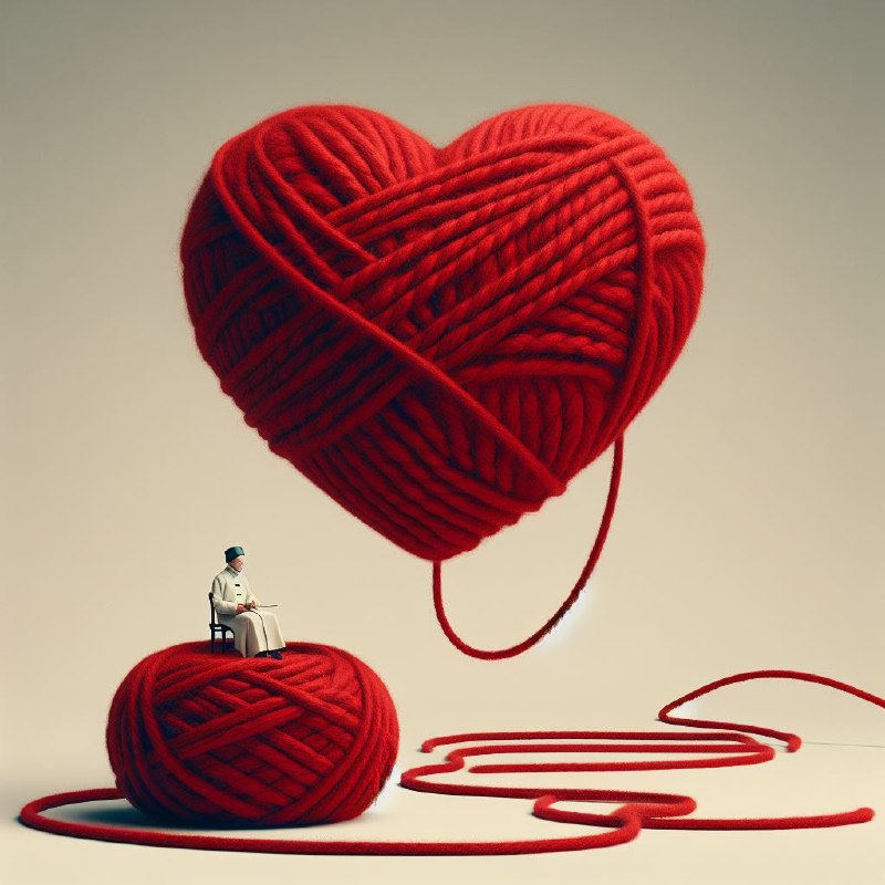 Knitted Red Wool Heart Suspended Surrealist Minimal Art