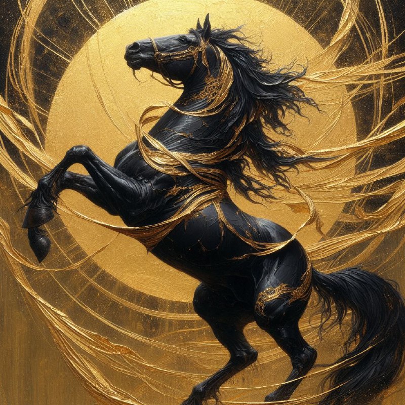 Black Horse Rearing With Gold Threads James Jean Style