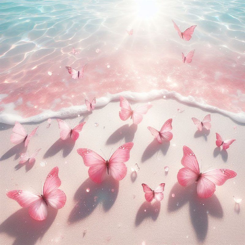 Pink Transparent Butterflies Over White Sand Beach