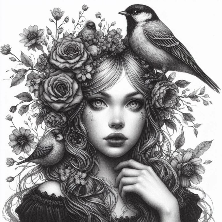 Gothic Girl with Birds and Flowers