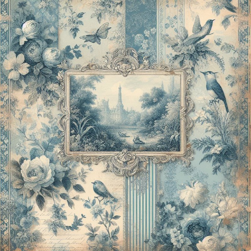 Blue Toile Junk Journal Pattern French Countryside Style