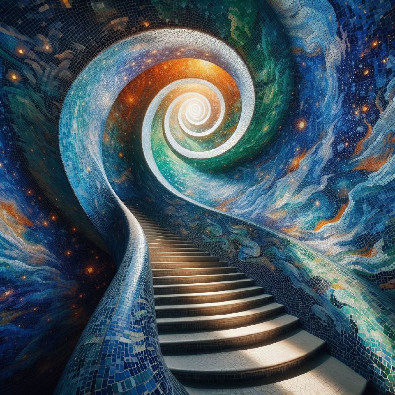 Spiraling Mosaic Staircase From Cool Blues to Warm Reds