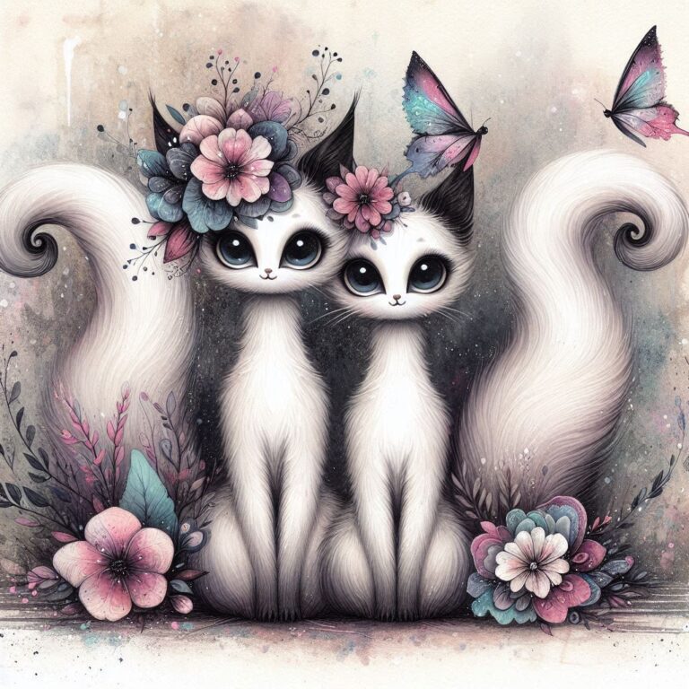 Whimsical White Cats Fairytale Scene