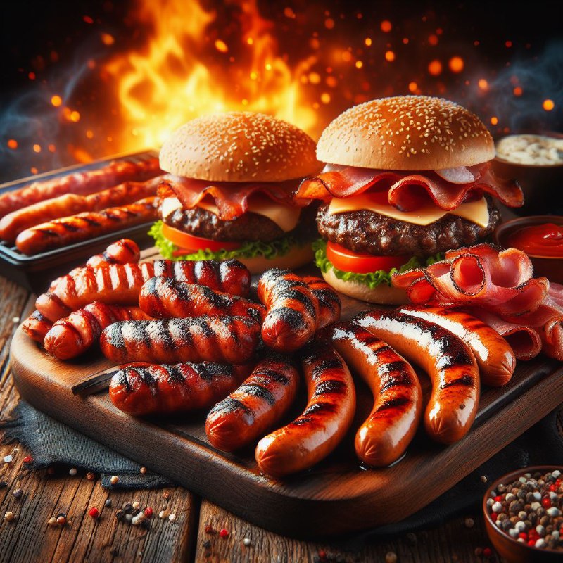 Juicy Barbecue Sausages and Burgers With Smoky Fire
