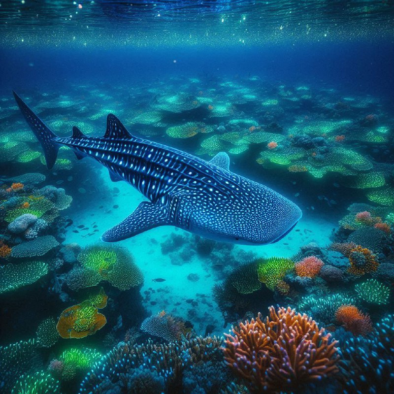 Bioluminescent Whale Shark Over Night Coral Reef