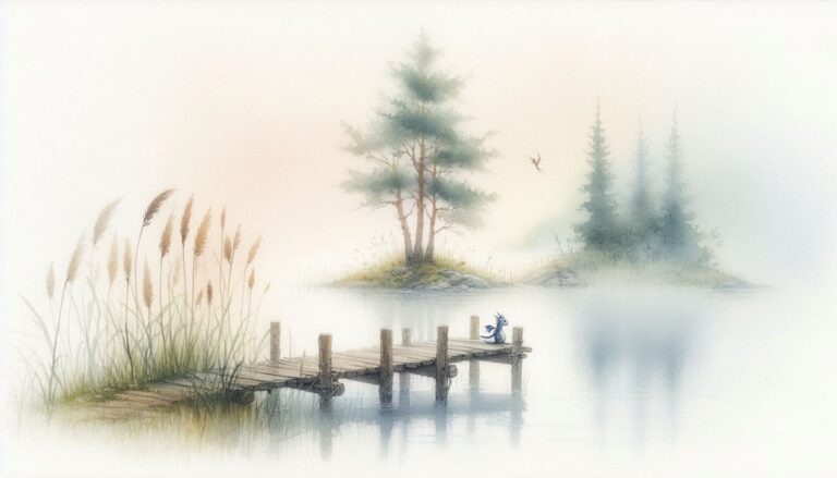 Serene Dock Scene with Tiny Dragon