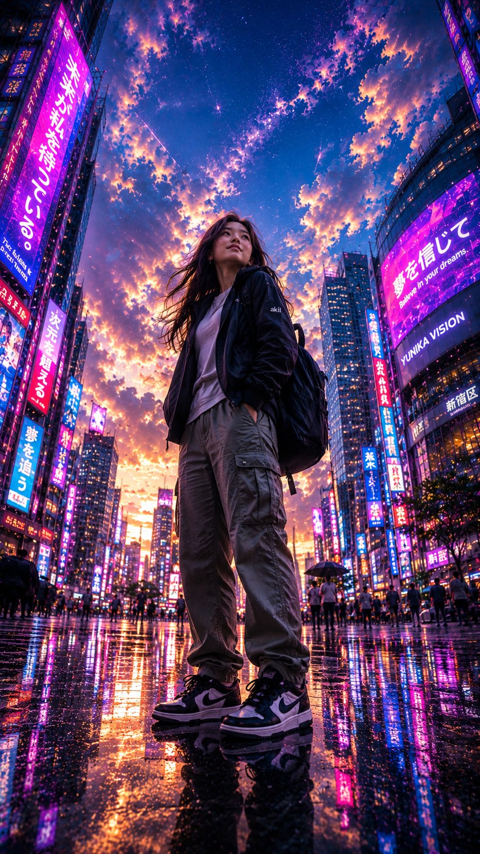 Cyberpunk Girl Gazing Up After Rain