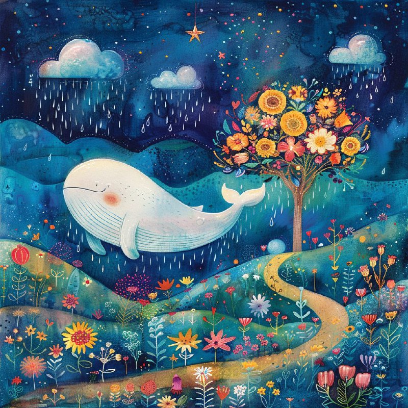 Little White Whale Swimming in Sky Picture Book Art